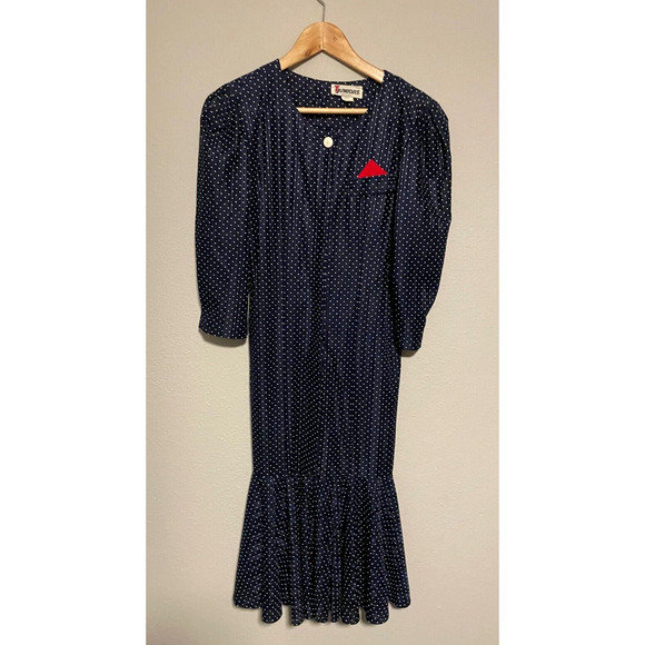 Vintage Womens Midi Dress Size 7/8 Blue Polka Dot Peplum Old Money Secretary 80s - Picture 1 of 7
